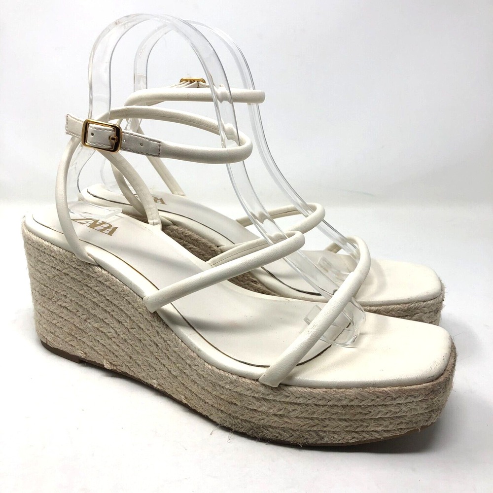 Zara Espadrille Platform Sandals Womens 8.5 EU 39 White Strappy Open Toe Wedge